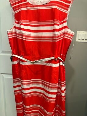 Red and White Striped Sleeveless Dress with Belt